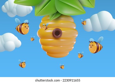 3d cartoon bee hive in vector realistic funny style. Cute art element. Funny plasticine or glossy clay design object. Sweet colorful illustration on blue background.