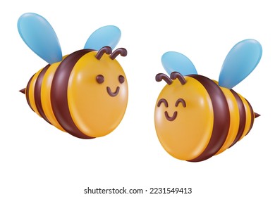 3d cartoon bee in vector realistic funny style. Cute art element. Trendy plasticine or glossy clay design object. Sweet colorful illustration on white background.