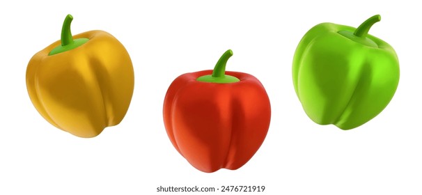 3d cartoon bell pepper in cute realistic style. Red, green and yellow plants isolated on white background. Vector illustration.