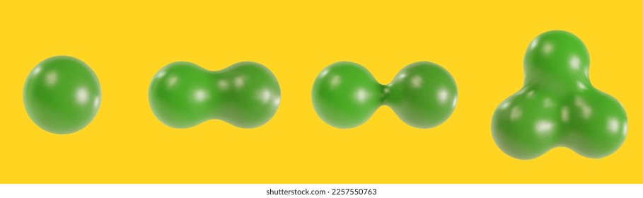 3d cartoon biology green cell or atom division in realistic funny colorful style. Render bright children toy object. Plastic cute glossy design element. Vector minimal medical illustration.