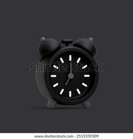 3d cartoon black alarm clock with white clock hands and hour markers on dark background. Design element for time management, deadlines and black friday concept. Minimalist vector illustration