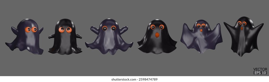 3D Cartoon black Ghosts isolated on a gray background. Cute Halloween Ghost Characters. Ghosts icon set. 3D Vector Illustration Set.