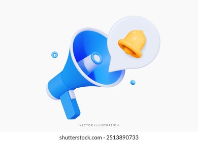 3D Cartoon Blue Megaphone com notificação Bell. Conceito de tempo de marketing. Notícias online com alto-falante. Promoção de mídias sociais. Ícone de emoji de design realista isolado em branco. Ilustração do vetor 3D