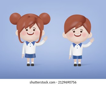 3d cartoon boy and girl student character hands up to greeting.