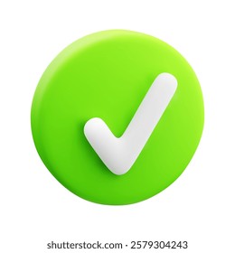 3d cartoon bright green circular button with white checkmark on white background. Design element for confirmation, success, approval and completion. Agreement concept. Vector illustration 3d render.
