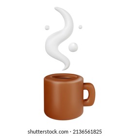 3d cartoon brown clay mug with hot coffee or tea isolated on white background. Realistic cute vector illustration. Minimalistic stylised element.