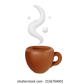 3d cartoon brown clay mug with hot coffee or tea isolated on white background. Realistic cute vector illustration. Minimalistic stylised element.