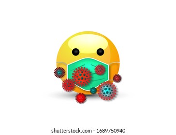 3d cartoon bubble emoticon face with medical mask for chat comment reactions on social media, cute emoji with surgical mask that protects against coronaviruses around, vector isolated on white