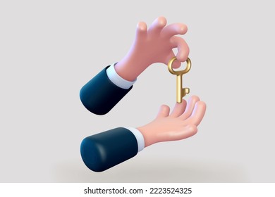 3D cartoon businessman hand holding golden key to success. Concept of key factor to success in business development. Emoji icon of man hand giving golden key on light background. Vector illustration.