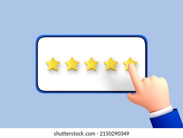 3D cartoon businessman hand using smartphone with pop up five star icon for feedback. Human hand marking 5 star rating on smartphone. Positive client experience concept.