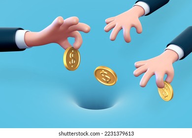 3D cartoon businessman's hands throw golden coins in bottomless hole. Concept of failed investment and taxes paying. Human hands throw cash money in moneybox. Funny cartoon icon, vector illustration.