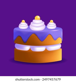 3d cartoon cake with icing, cream, candies. Birthday, wedding sweet food. 3d cake made with Mesh tool. Vector realistic illustration.