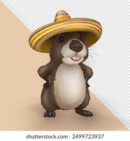 3d cartoon Capybara wearing sombrero, hands on hips, standing confidently. Three dimensional cute capibara in a colorful hat giving a festive and culturally Mexican vibe.