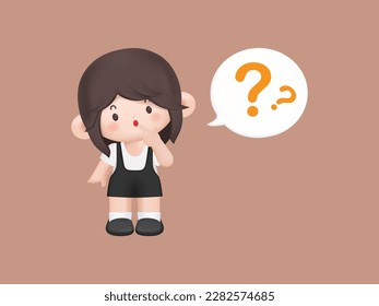 Caricatura 3D. Concepto de elección, pensamiento de la mujer, con signo de interrogación. Diseño de caracteres de ilustración vectorial.