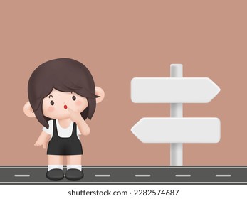 3D cartoon character. Choice concept, woman thinking and choosing the way from direction signs. Vector illustration character design.