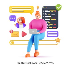 3d cartoon character with computer, study or work. Casual man with icons set. Vector illustration on the theme of the developer.
