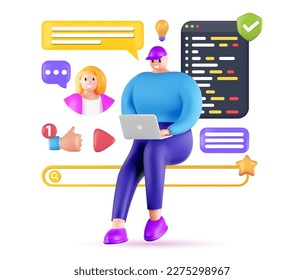 3d cartoon character with computer, study or work. Casual man with icons set. Vector illustration on the theme of the developer.