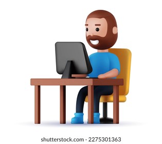 3d cartoon character with computer, study or work. Casual man with icons set. Vector illustration on the theme of the developer.