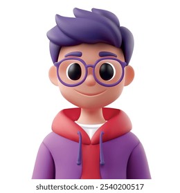 Personaje de dibujos animados 3D con gafas y sudadera con capucha sobre fondo blanco