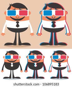 3D: Cartoon character with 3D glasses. No transparency and gradients used.