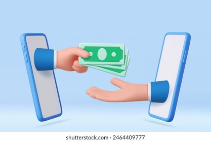 3d Cartoon character hands give and take money, sticking out the smart phone screens. Payment and shopping, good deal partnership, salary, charity, corruption. 3d rendering. Vector illustration