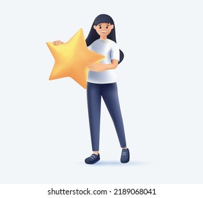 3D cartoon character. Satisfaction level. Young woman holding star. Customer review rating and client feedback concept. Smiling cute brunette girl. 3d render vector illustration. Golden star award