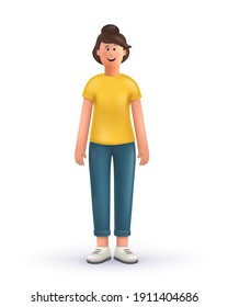 3D cartoon character. Young woman standing on a white background. 
Smiling cute brunette girl.  3d vector illustration.