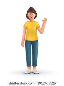3D cartoon character. Young woman greeting gesture, standing on a white background, say hello. 
Smiling cute brunette girl.  3d vector illustration.