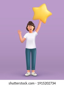 3D cartoon character. Young woman waving hand saying hi and holding a big star. Customer review rating and client feedback concept. Smiling cute brunette girl.  3d vector illustration.