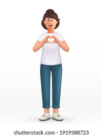 3D cartoon character. Young woman showing heart gesture, making compliment, love sign. Smiling cute brunette girl.  3d vector illustration.