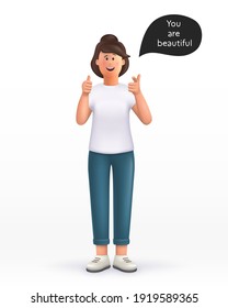 3D cartoon character. Young woman showing thumb up in approval and pointing her finger to you, making compliment, like product, guarantee quality. nice work gesture. Smiling cute brunette girl. 