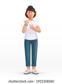3D cartoon character. Young woman in hurry pointing to watch time,shows on the clock, impatience, upset and angry for deadline delay. Hurry up. Deadline. 3d vector illustration.