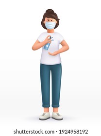 3D cartoon character. Young woman wearing mask ,using alcohol antiseptic gel, sanitizer to clean hands and prevent germs, virus infection.  3d vector illustration.