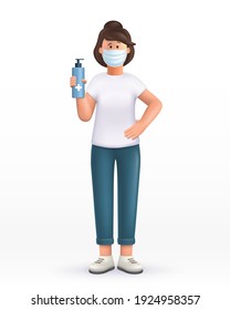 3D cartoon character. Young woman wearing mask ,using and showing alcohol antiseptic gel, sanitizer to clean hands and prevent germs, virus infection.  3d vector illustration.