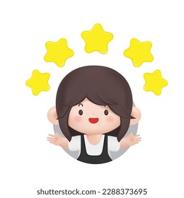 3D cartoon character. Young woman points to the stars, good review. Customer review rating and client feedback concept. Smiling cute brunette girl. 3d vector illustration.