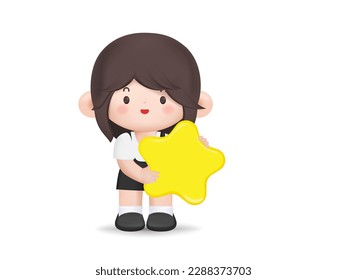 3D cartoon character. Young woman holding and hugging a big star. Customer review rating and client feedback concept. Smiling cute brunette girl. 3d vector illustration.