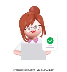 3D cartoon character. Young woman working with a computer laptop. Approved document online system. Smiling cute brunette girl. 3d vector illustration.