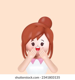 3D cartoon character. Young woman receiving a compliment, emotions of joy and embarrassment. Smiling cute brunette girl. 3d vector illustration.