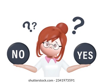 3D cartoon character. Young woman standing confusedly to choose yes or no. Concept of choice, selection, answer, reply, accept of refuse. Doubts, worries. 3d vector illustration.