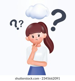 3D cartoon character. Young woman standing and question mark thinking doubt concept.