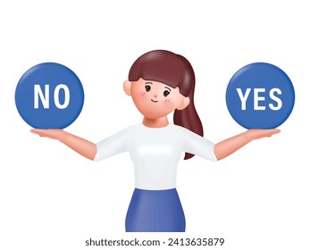 3D cartoon character. Young woman standing confusedly to choose yes or no. Concept of choice, selection, answer, reply, accept of refuse. Doubts, worries. 3d vector illustration.