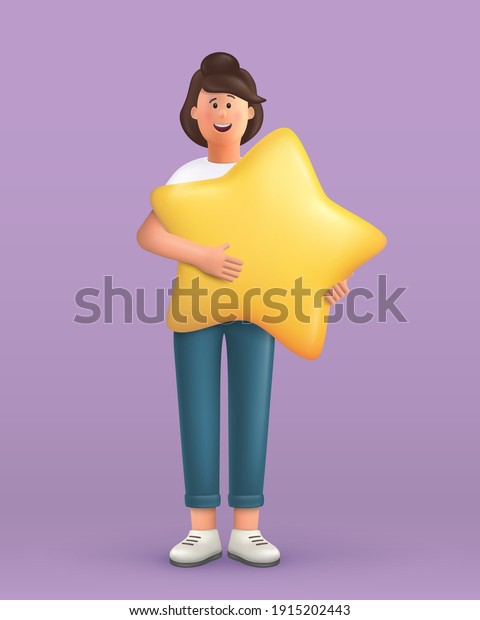 3D cartoon\
character. Young woman holding and hugging a big star. Customer\
review rating and client feedback concept. Smiling cute brunette\
girl.  3d vector\
illustration.