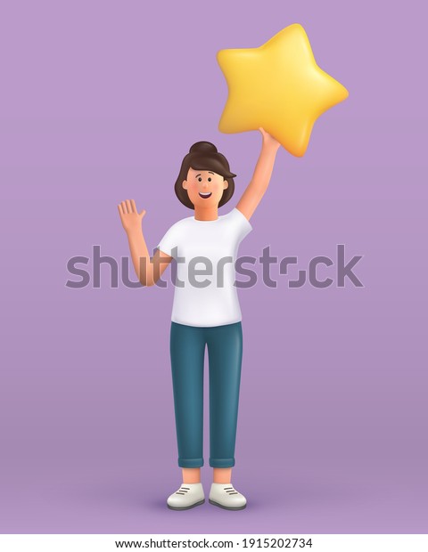 3D
cartoon character. Young woman waving hand saying hi and holding a
big star. Customer review rating and client feedback concept.
Smiling cute brunette girl.  3d vector
illustration.