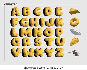 3D cartoon cheese alphabet vector set. Realistic cheese block, donut, plate, mouse.
