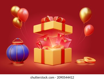 3d cartoon Chinese new year holiday elements, including balloons, lantern, gift box with red envelopes and coins. Isolated on red background