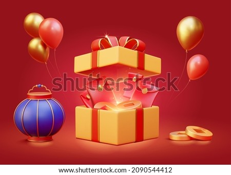 3d cartoon Chinese new year holiday elements, including balloons, lantern, gift box with red envelopes and coins. Isolated on red background