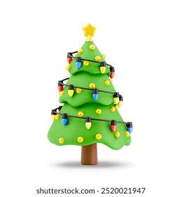 3d cartoon christmas pine tree adorned with colorful lights and golden ornaments and star, isolated on white background. For holiday-themed projects, cards, invitation. Vector illustration 3d render.