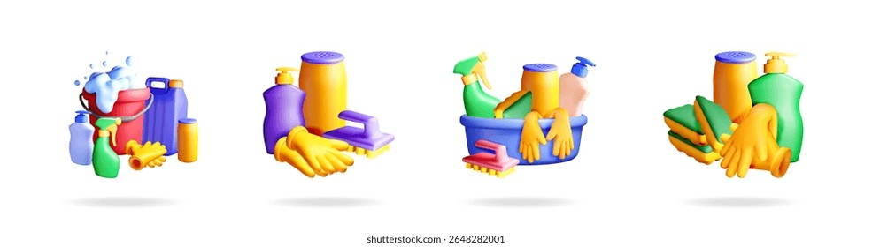 3d cartoon cleaning supplies with bucket and bottles. Housekeeping and home care concept. Collection for commercial graphic.