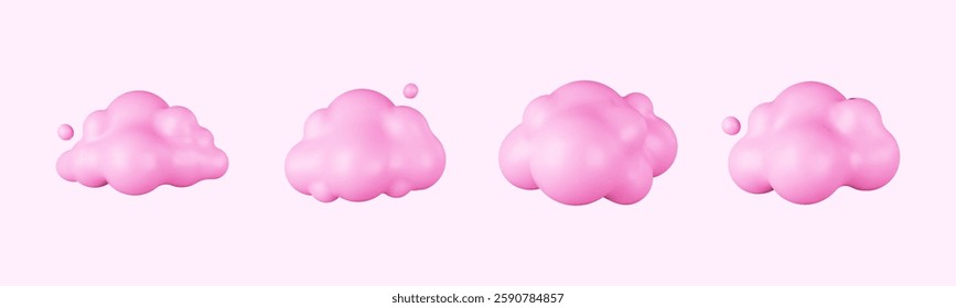 3D Cartoon clouds in pink. Soft, Puffy Cumulus Shapes in a Fun Style. Pink, Round, and Smooth Render Elements, Perfect for Weather Icons, Cloud Scenes, and Cute Meteorology Graphics.