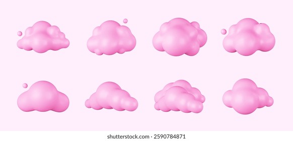 3D Cartoon clouds in pink. Soft, Puffy Cumulus Shapes in a Fun Style. Pink, Round, and Smooth Render Elements, Perfect for Weather Icons, Cloud Scenes, and Cute Meteorology Graphics.